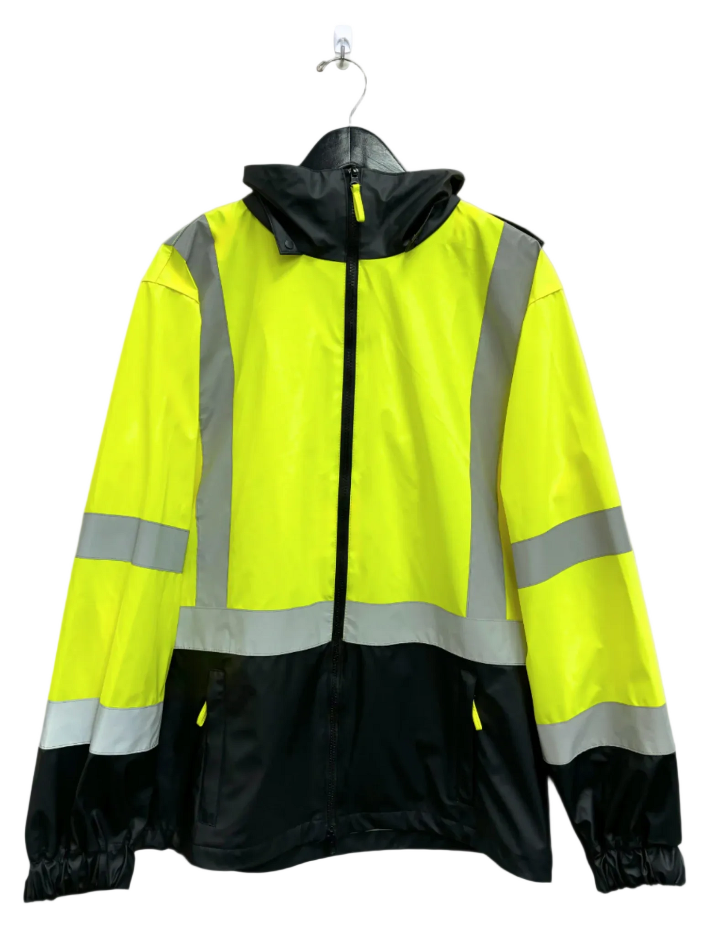 Mens safety windbreaker waterproof shell with a full zip and ood. Has a pocket on each side, elastic wrist cuffs. Features reflective strips.