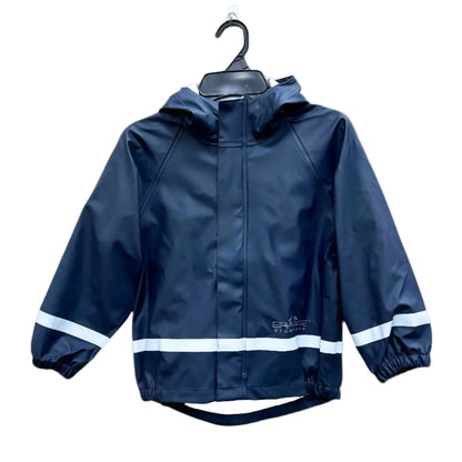 kids solid dark blue PU rain jacket with hood and with reflective strip across wrists and bottom seam. Storm flap over zipper. Elastic waist and wrists. 