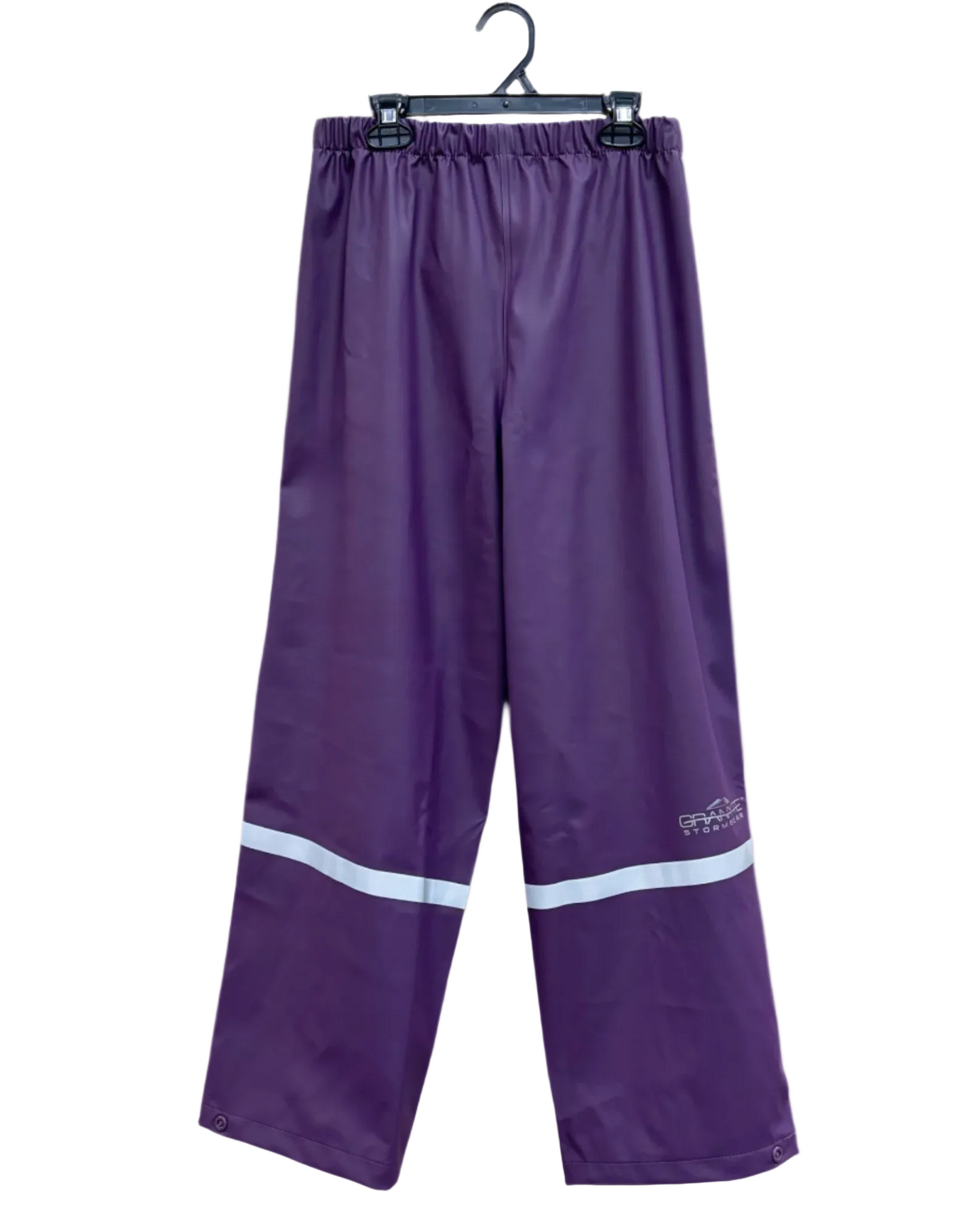 kids purple PU rain pants with reflective strip across lower legs. Button on ankle seams. Elastic waist.