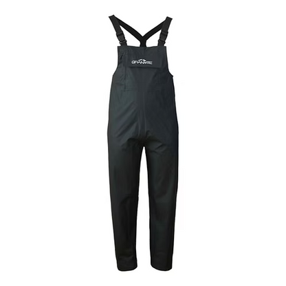 Black bib overalls with suspenders on a white background