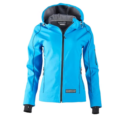 Blue jacket with black accents on a white background
