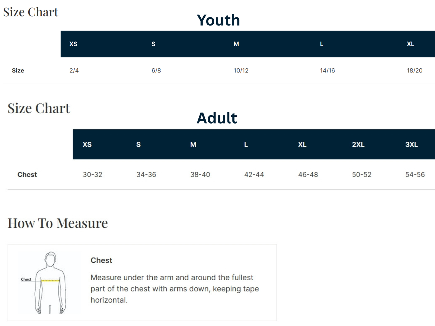 Size chart for youth and adult clothing with measurements in inches.