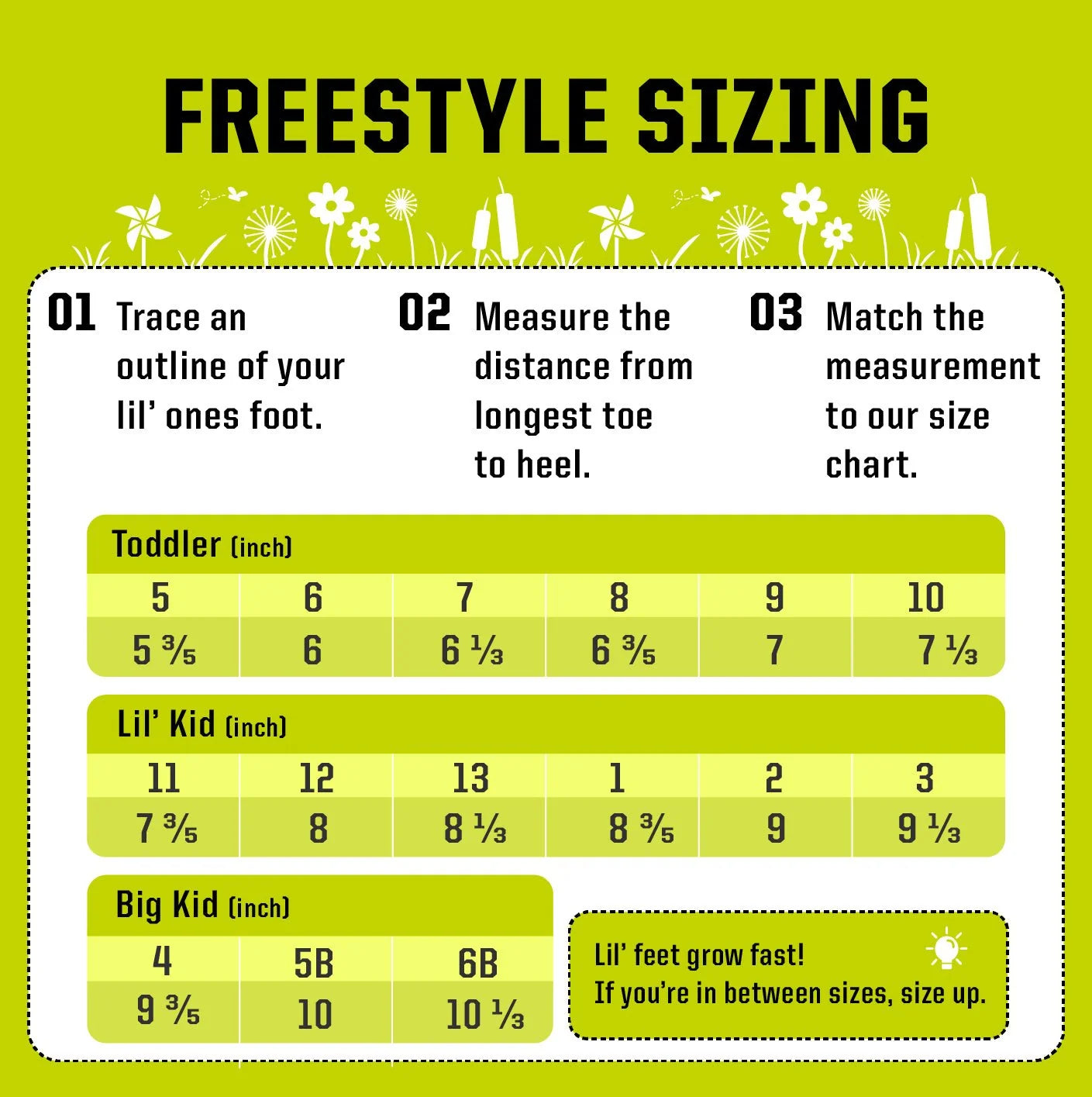 Freestyle sizing chart for children's shoes on a green background with floral elements.