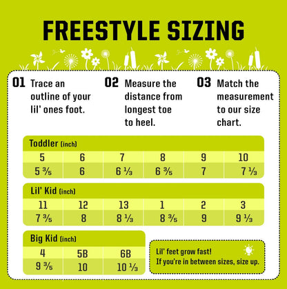 Freestyle sizing chart for children's shoes on a green background with floral elements.