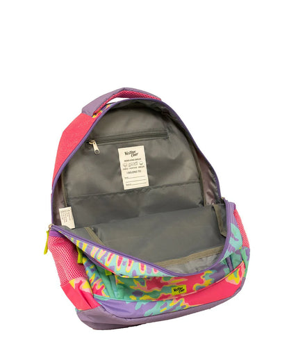 An open backpack shown from the back, featuring a vibrant pink, purple, and green abstract pattern on the exterior mesh sides and bottom, with a dark gray interior lining and a zippered pocket.