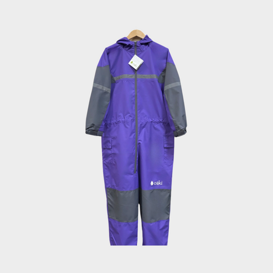 Adult size rain suit in purple, grey on arms and knees. Zipper goes past the waist. Reflective strip across chest. One pocket on each side, adjustable cuffs and waist and hood.