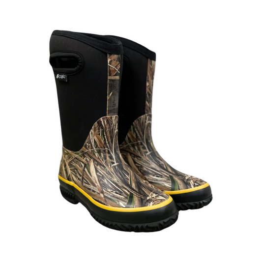 kids neoprene boots with cutout handles, black panel sides and camo rubber