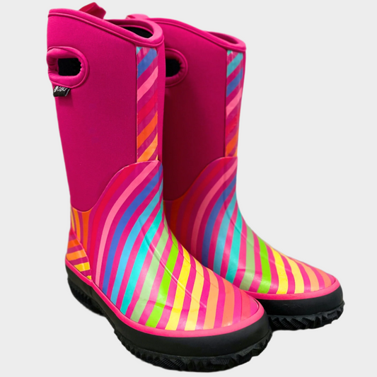 kids neoprene boots pink rainbow stripes