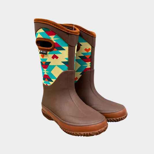 kids neoprene boots brown with geometric design on sides