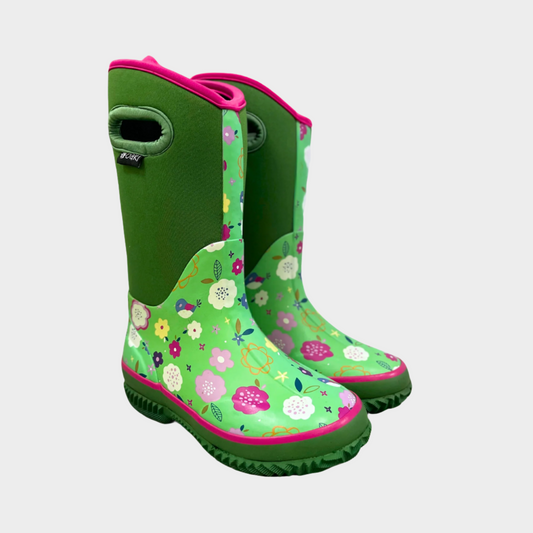 Kids neoprene boots with solid green sides and green floral print on rubber