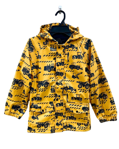 Kids lined rain coat with lining, attached hood, and pockets. Shown in construction pattern