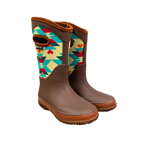 kids neoprene boots brown with geometric design on sides