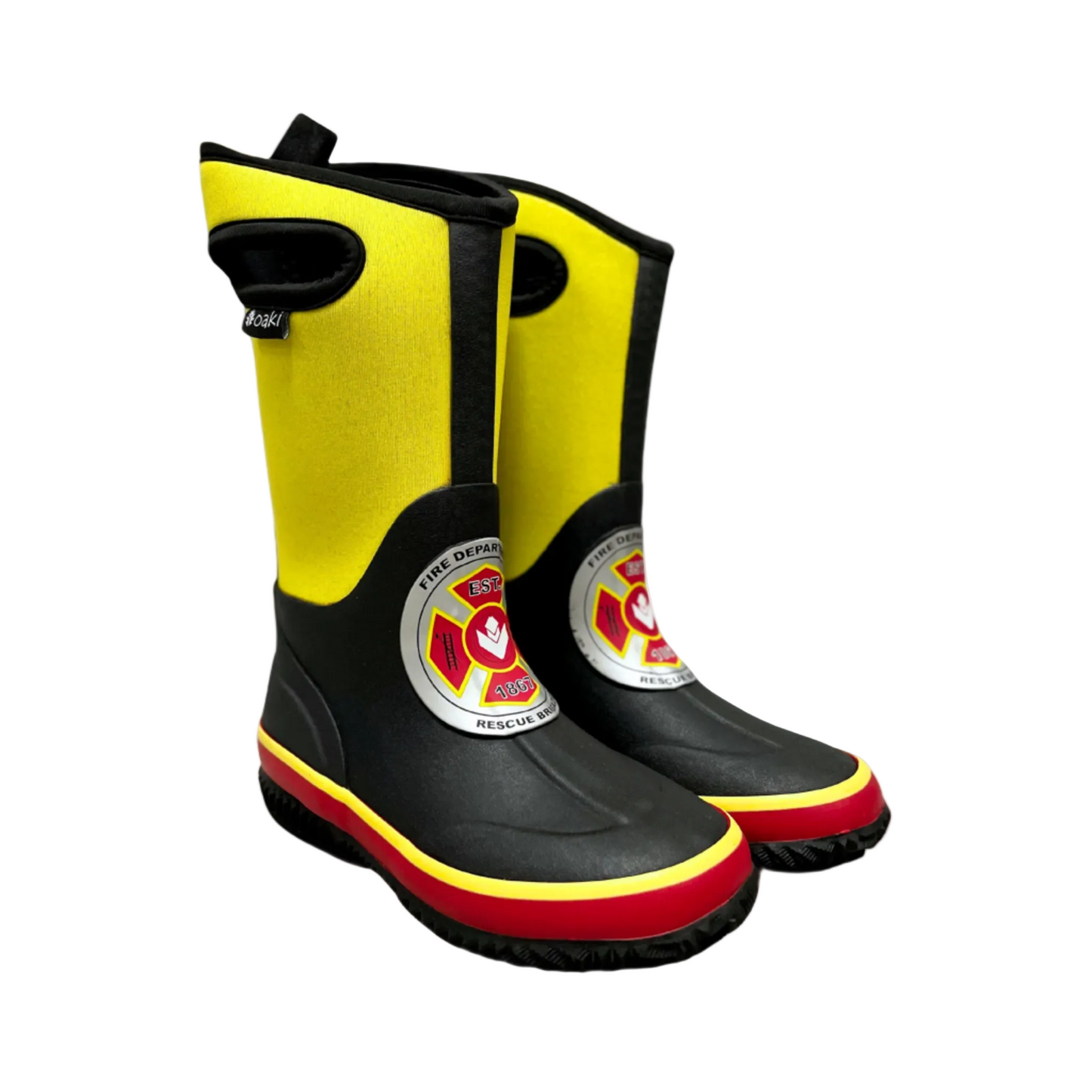 kids neoprene boots with cutout handles, yellow sides, and black rubber with fire department seal