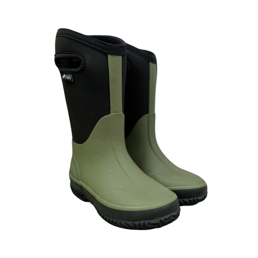 kids neoprene boots with cutout handles green with black panels