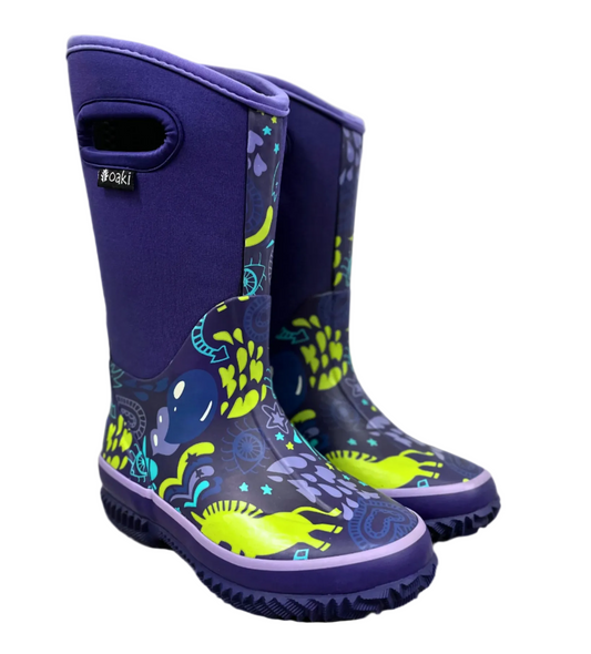 kids neoprene boots with purple color and green unicorns