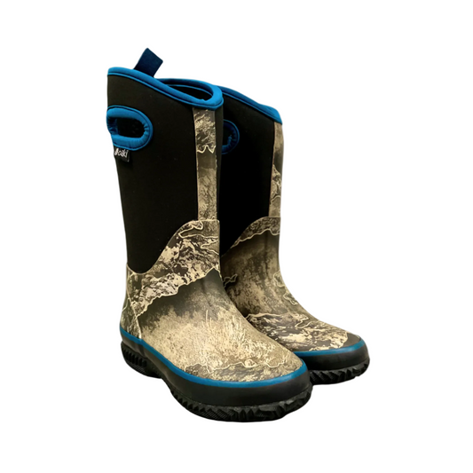 kids neoprene boots with camo, blue trim, and black panels