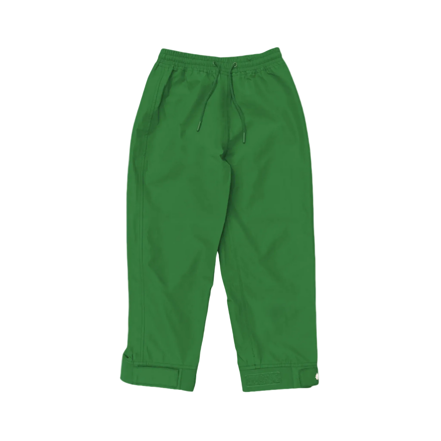 A pair of kids rain pants with an elastic waistband and drawstring. Ankles have a neoprene covered velcro adjustment. Shown in forest green