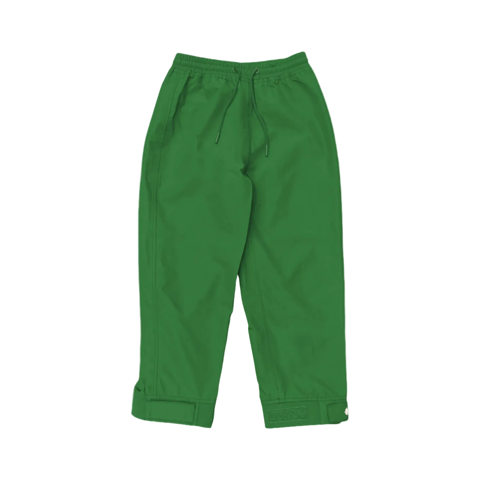 A pair of kids rain pants with an elastic waistband and drawstring. Ankles have a neoprene covered velcro adjustment. Shown in forest green