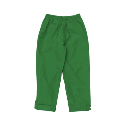A pair of kids rain pants with an elastic waistband and drawstring. Ankles have a neoprene covered velcro adjustment. Shown in forest green