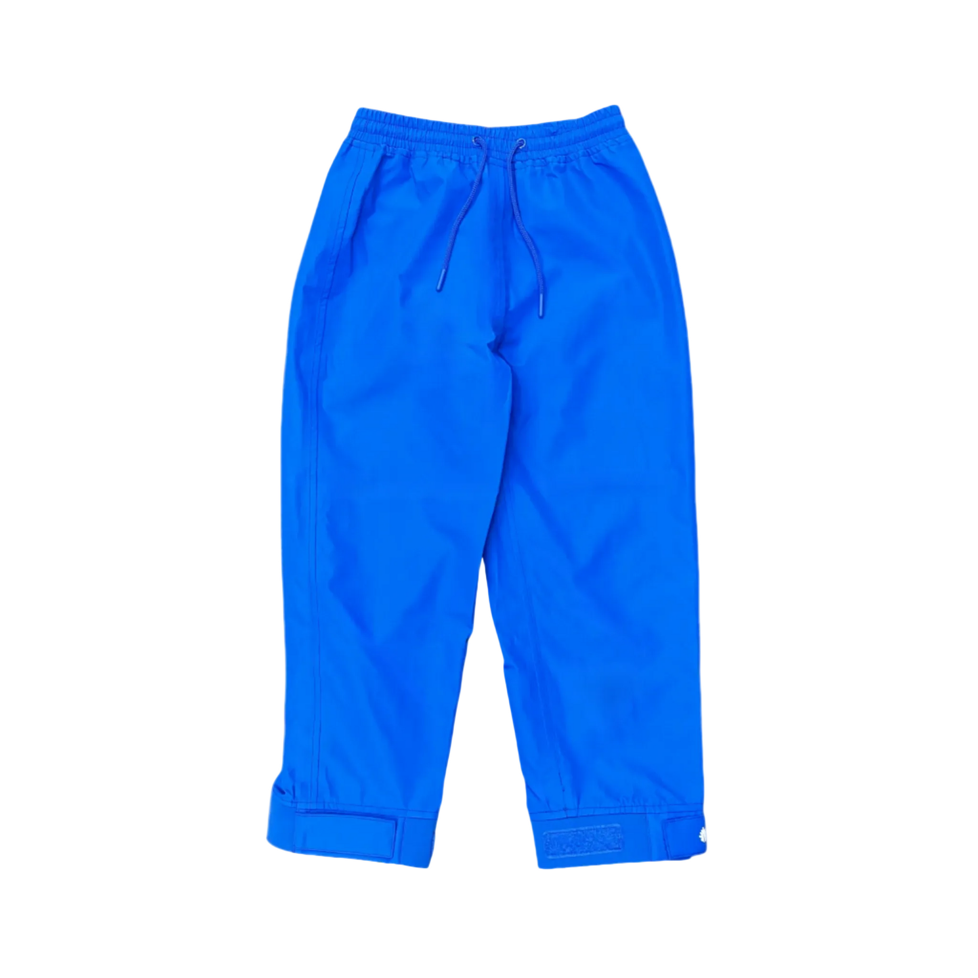 A pair of kids rain pants with an elastic waistband and drawstring. Ankles have a neoprene covered velcro adjustment. Shown in a bright mid blue