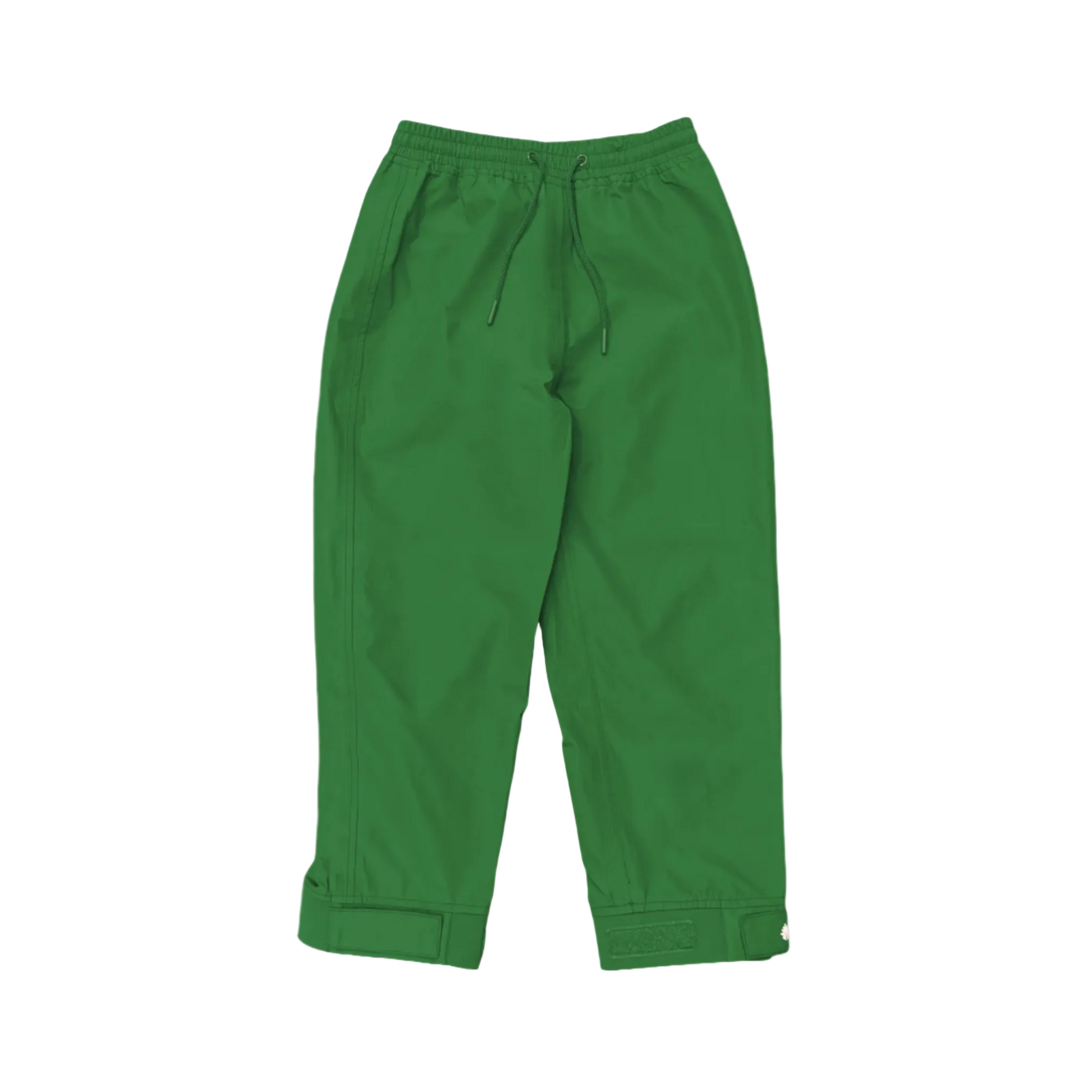 A pair of kids rain pants with an elastic waistband and drawstring. Ankles have a neoprene covered velcro adjustment. Shown in forest green