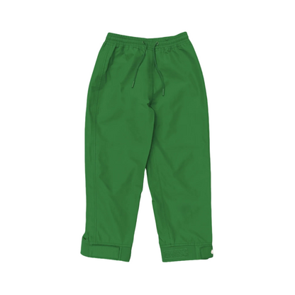 A pair of kids rain pants with an elastic waistband and drawstring. Ankles have a neoprene covered velcro adjustment. Shown in forest green