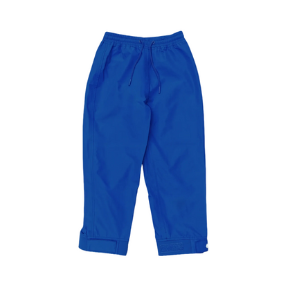 A pair of kids rain pants with an elastic waistband and drawstring. Ankles have a neoprene covered velcro adjustment. Shown in navy