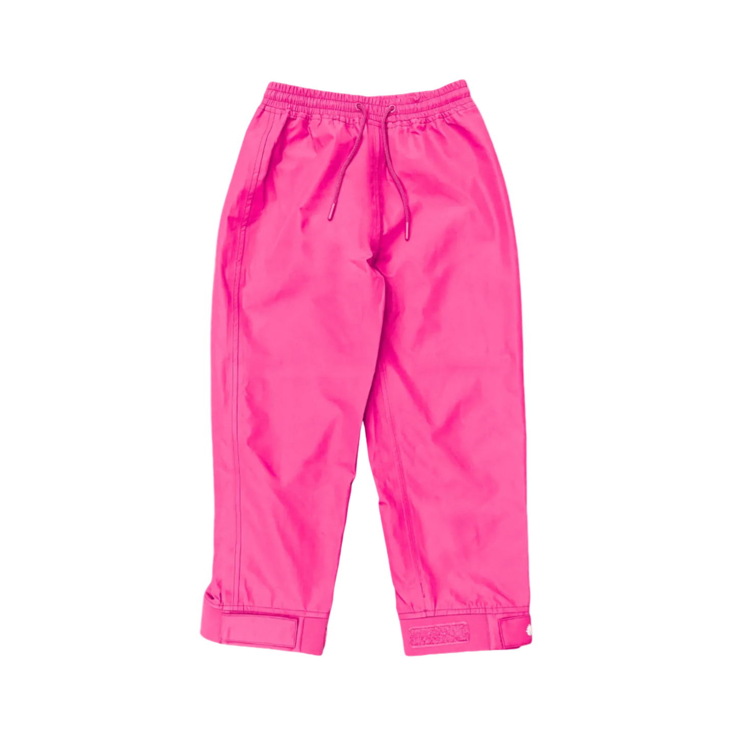 A pair of kids rain pants with an elastic waistband and drawstring. Ankles have a neoprene covered velcro adjustment. Shown in bright pink