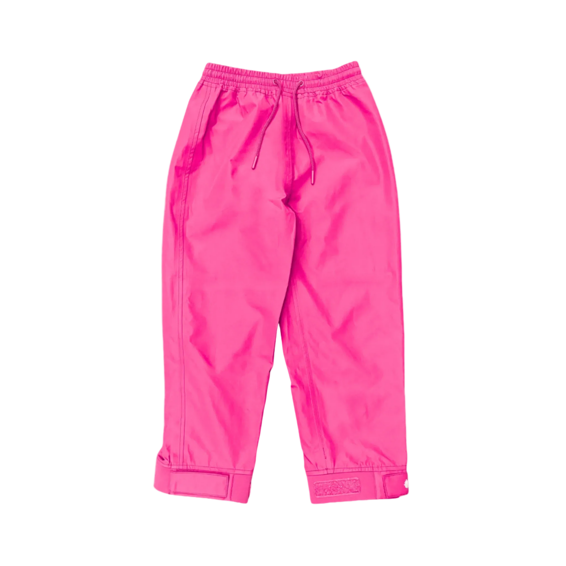 A pair of kids rain pants with an elastic waistband and drawstring. Ankles have a neoprene covered velcro adjustment. Shown in bright pink
