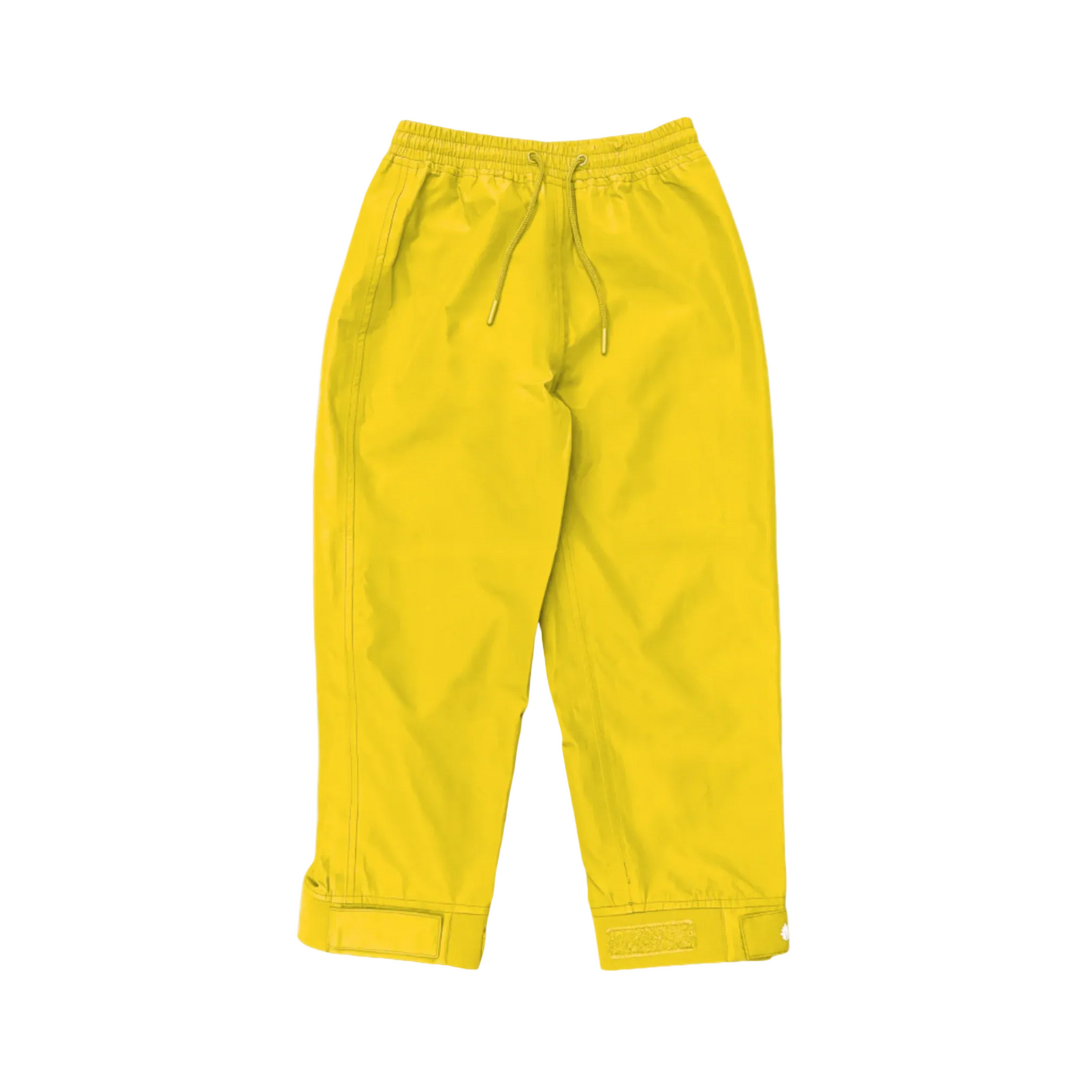 A pair of kids rain pants with an elastic waistband and drawstring. Ankles have a neoprene covered velcro adjustment. Shown in yellow