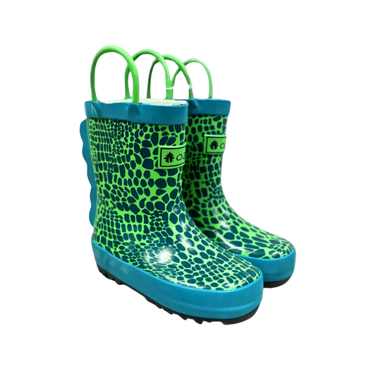 Kids rubber rain boots with green scale pattern rubber and oaki logo. Black tread and loop handles.