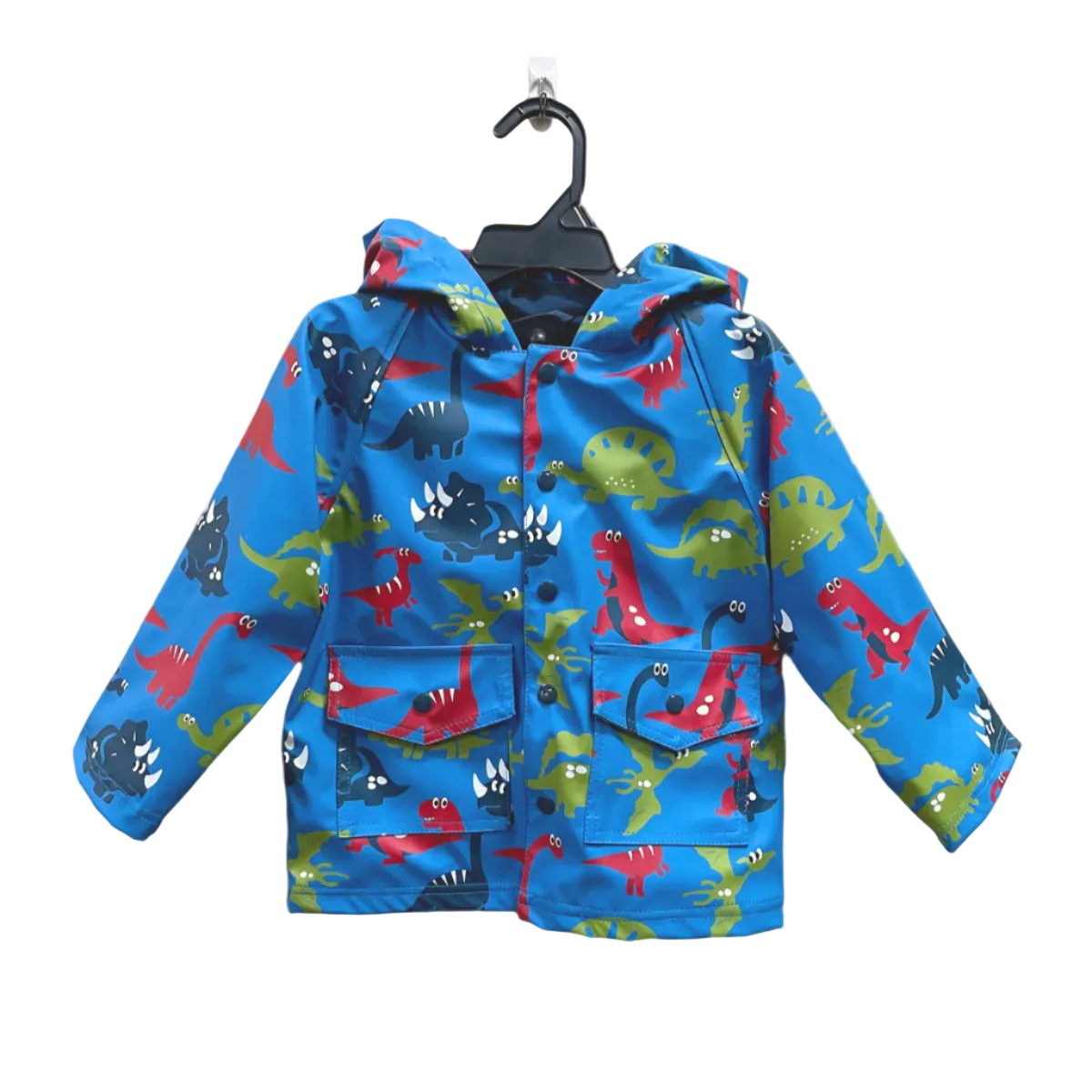 Blue kids lined rain jacket with two front pockets with multi colored dinosaurs