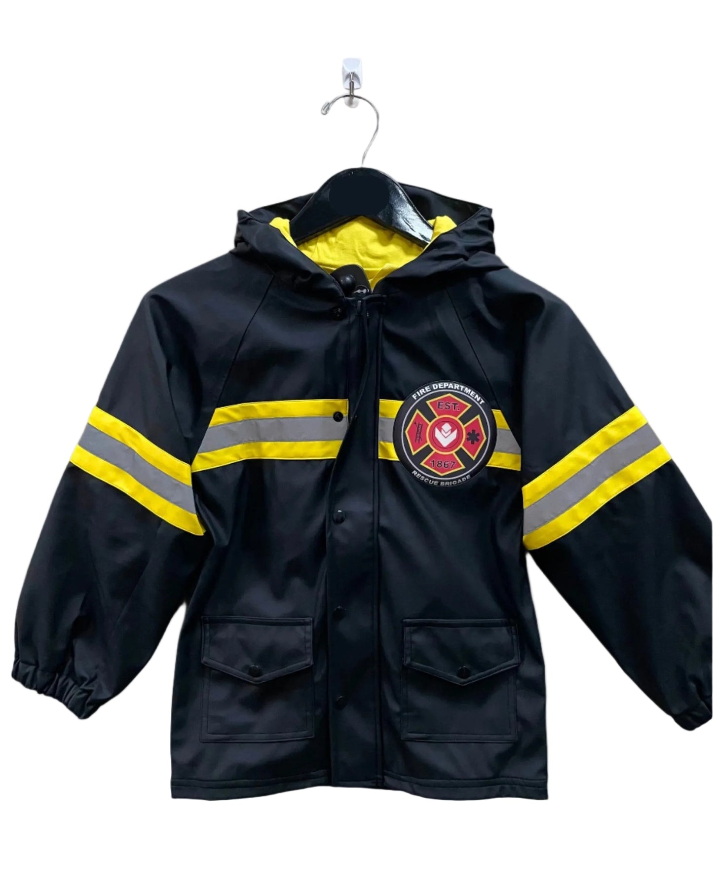 Black kids full zip rain jacket with two front pockets and yellow detail with fire department emblem