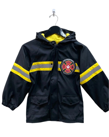Black kids full zip rain jacket with two front pockets and yellow detail with fire department emblem