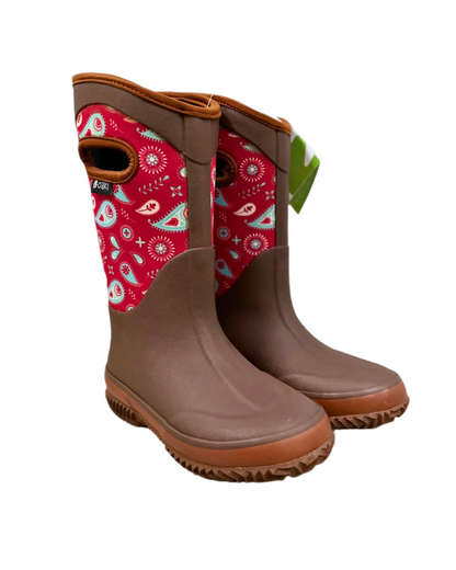 kids neoprene boots in brown with red paisley pattern