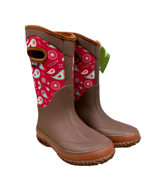 kids neoprene boots in brown with red paisley pattern