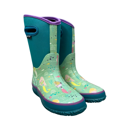 kids neoprene boots in teal with mermaids
