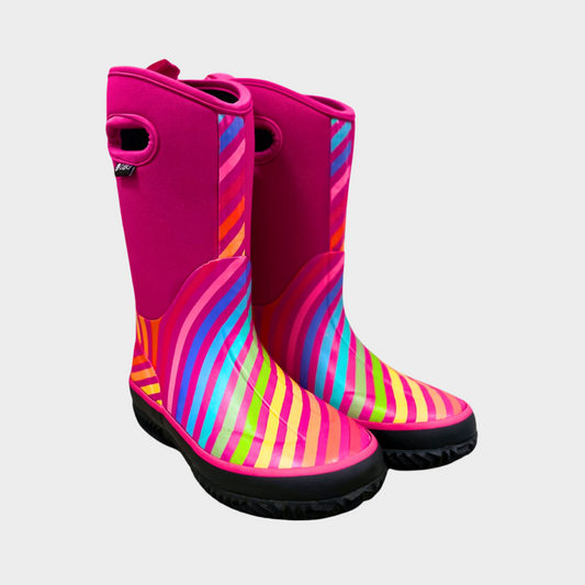kids neoprene boots pink rainbow stripes