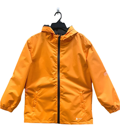 Kids rain shell with hood and a front pocket each side. Shown in orange