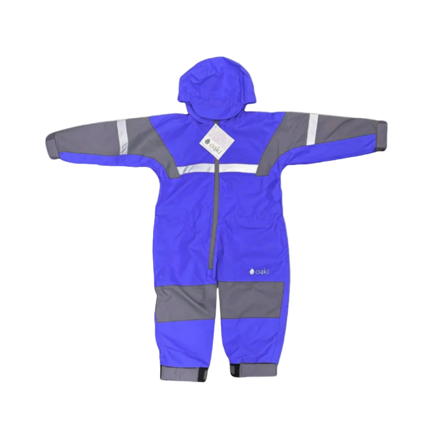 Blue and gray children's rain suit with reflective stripes on a white background