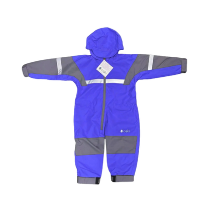 Blue and gray children's rain suit with reflective stripes on a white background