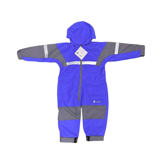 Blue and gray children's rain suit with reflective stripes on a white background