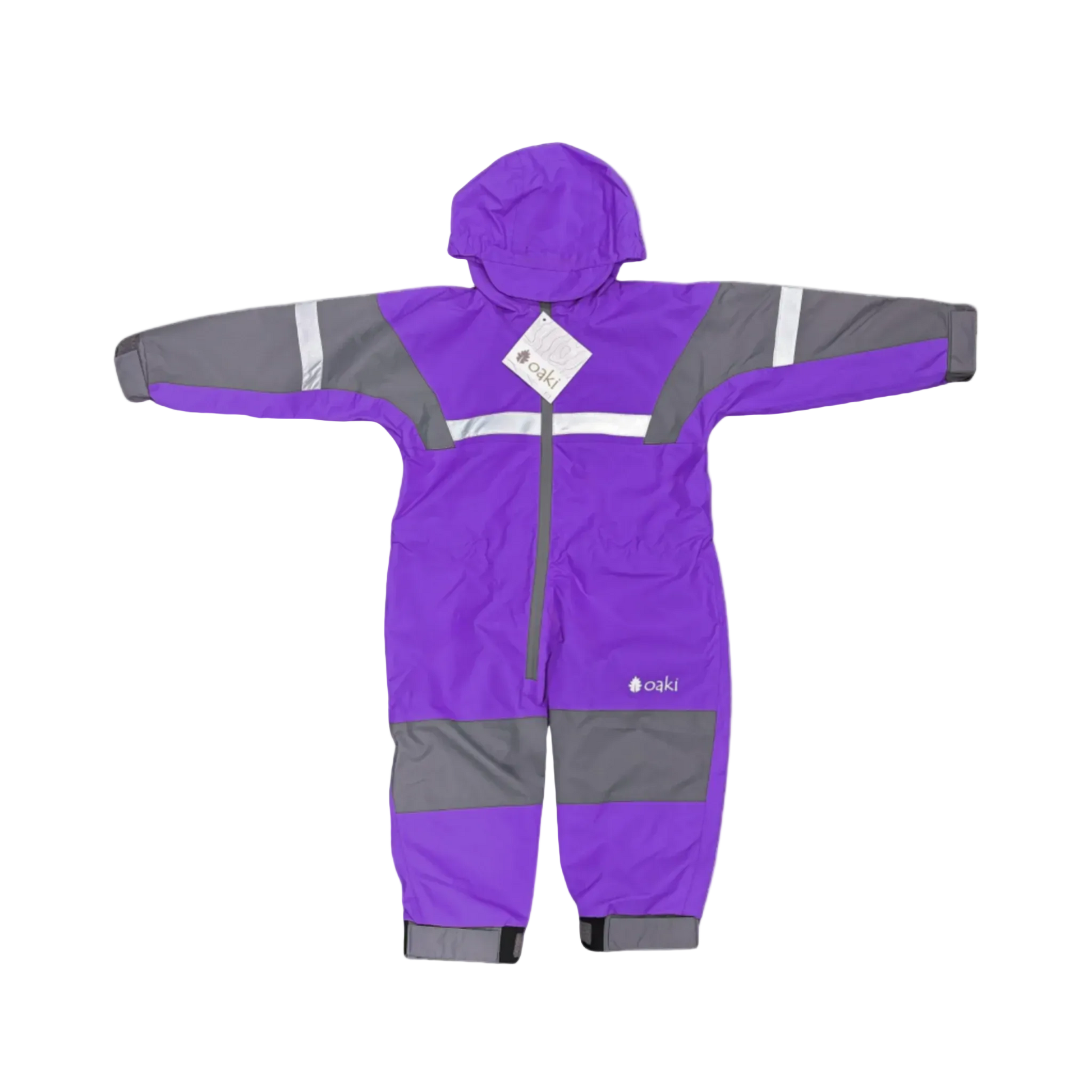 Kids rain suit with attached hood, grey color blocking on top of arms and across shins with safety reflective strips. Shown in purple.
