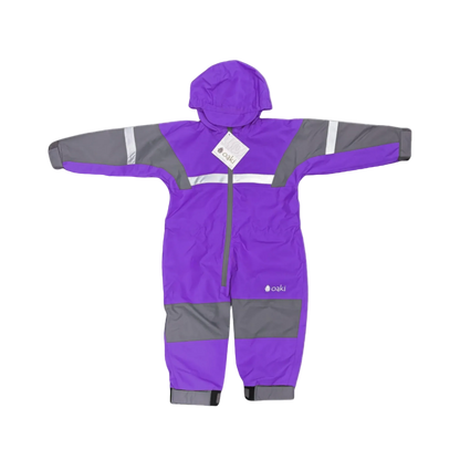 Kids rain suit with attached hood, grey color blocking on top of arms and across shins with safety reflective strips. Shown in purple.