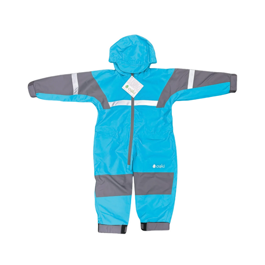 Kids rain suit with attached hood, grey color blocking on top of arms and across shins with safety reflective strips. Shown in a varient of celestial blue, a lighter brighter blue. 