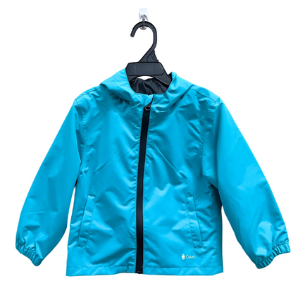 Kids rain shell with hood and a front pocket each side. Shown in glacier blue