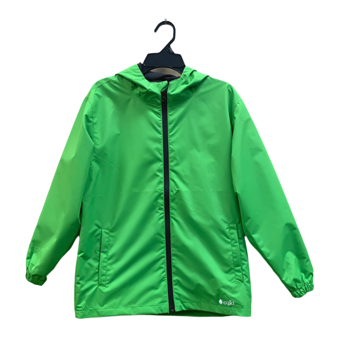 Kids rain shell with hood and a front pocket each side. Shown in green