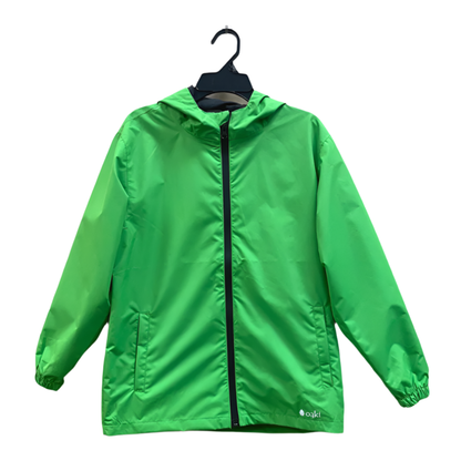 Kids rain shell with hood and a front pocket each side. Shown in green