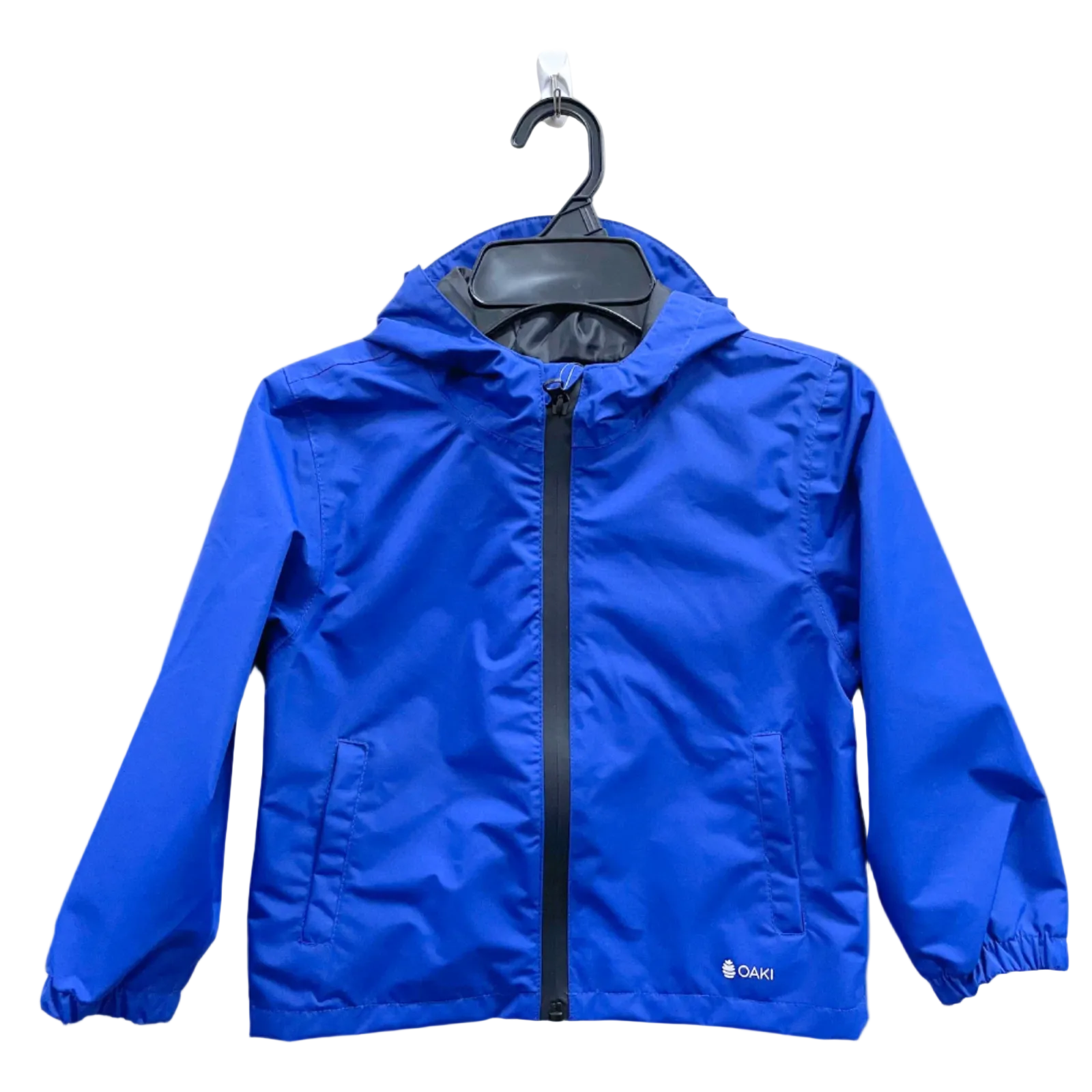 Kids rain shell with hood and a front pocket each side. Shown in navy