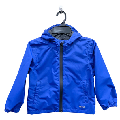 Kids rain shell with hood and a front pocket each side. Shown in navy